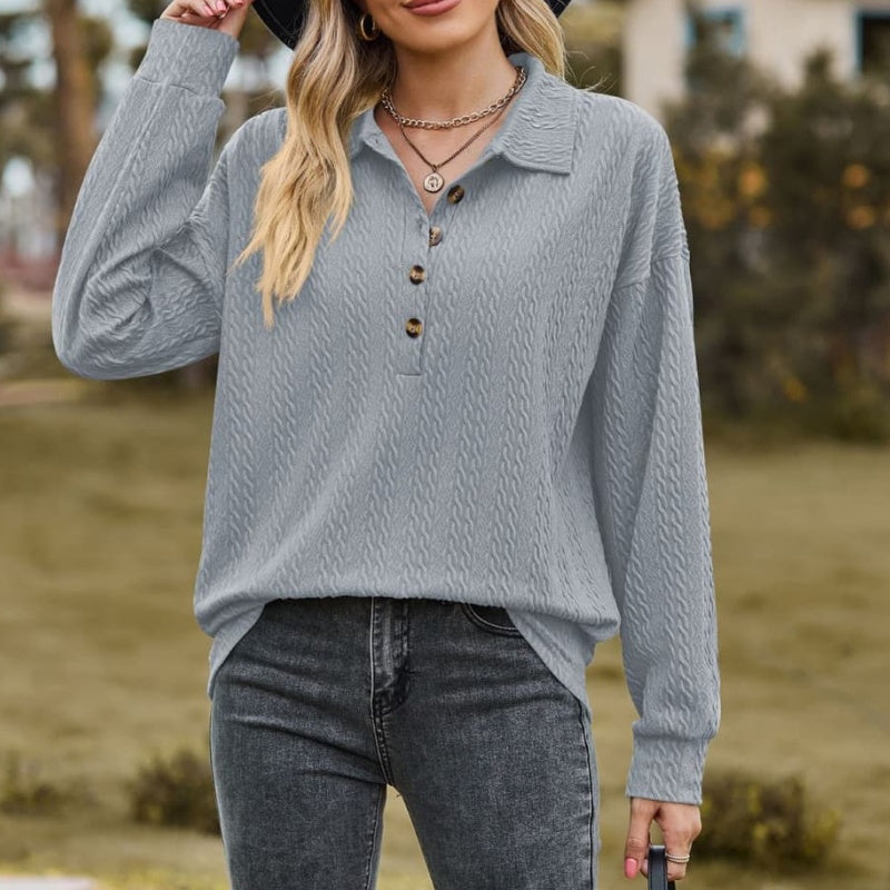 Women's Pullover Sweatshirt Solid Color Button Closure Top