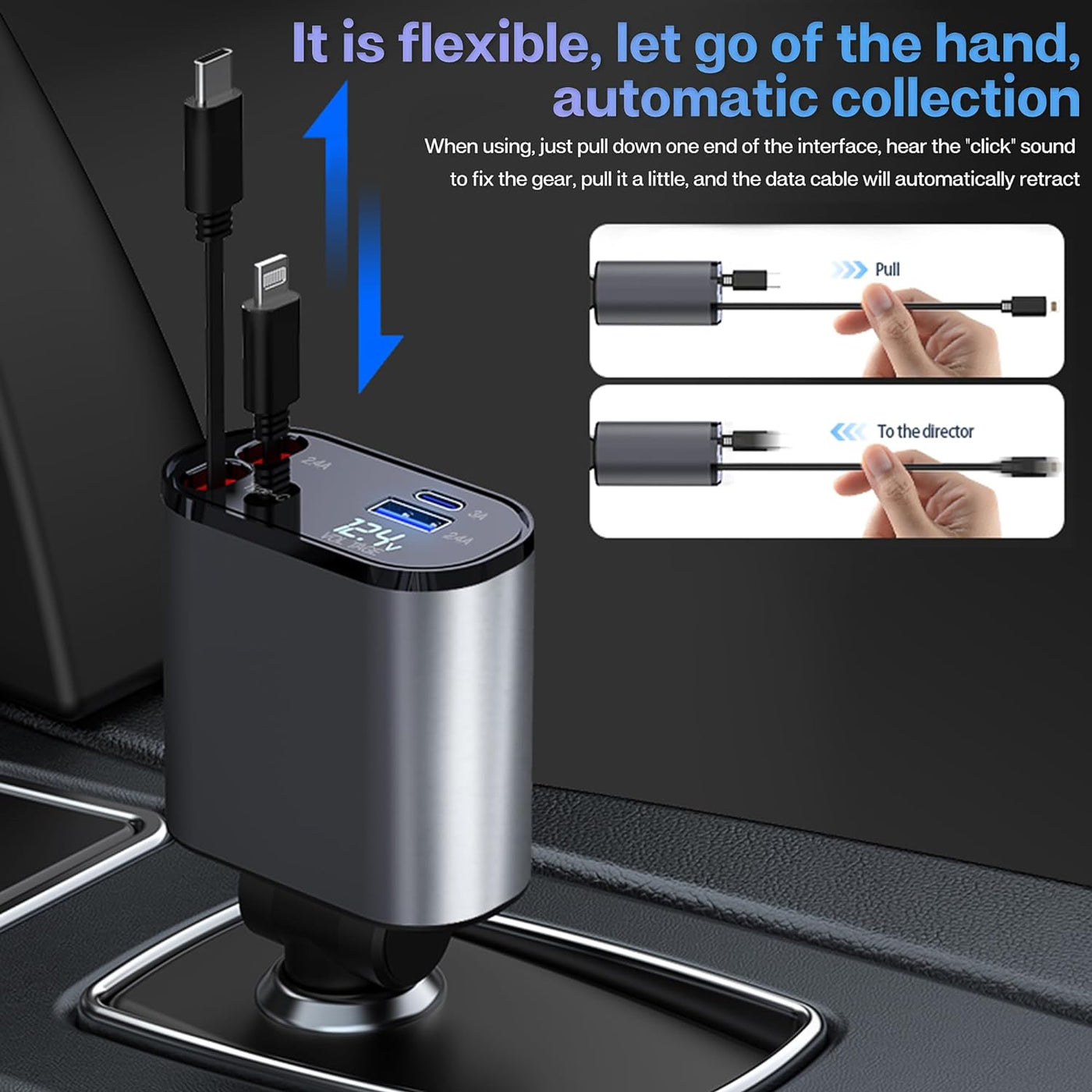 Retractable Fast Car Charger Compact USB Quick Charging Cable