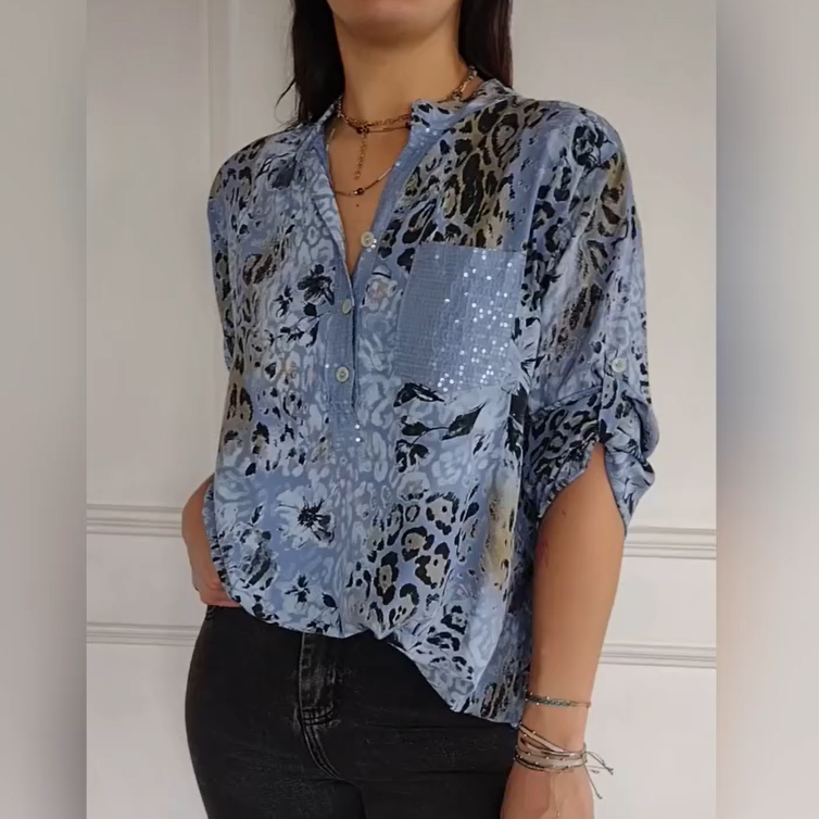 Women's Casual Printed Shirt Half Button Floral Design