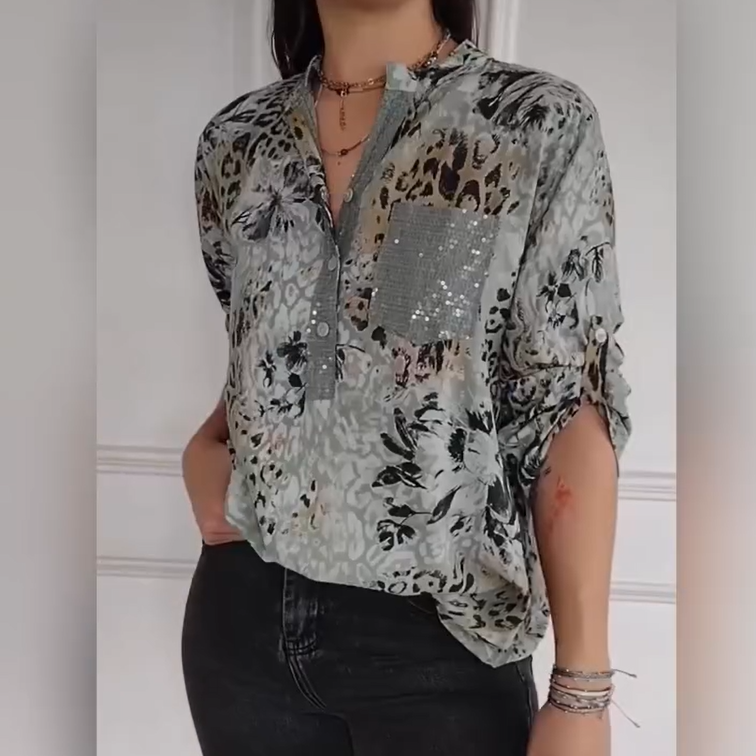 Women's Casual Printed Shirt Half Button Floral Design