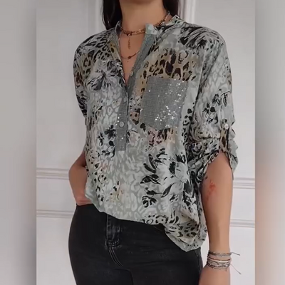Women's Casual Printed Shirt Half Button Floral Design