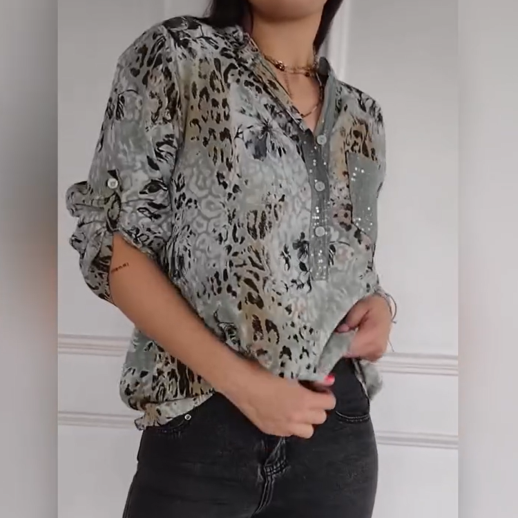 Women's Casual Printed Shirt Half Button Floral Design