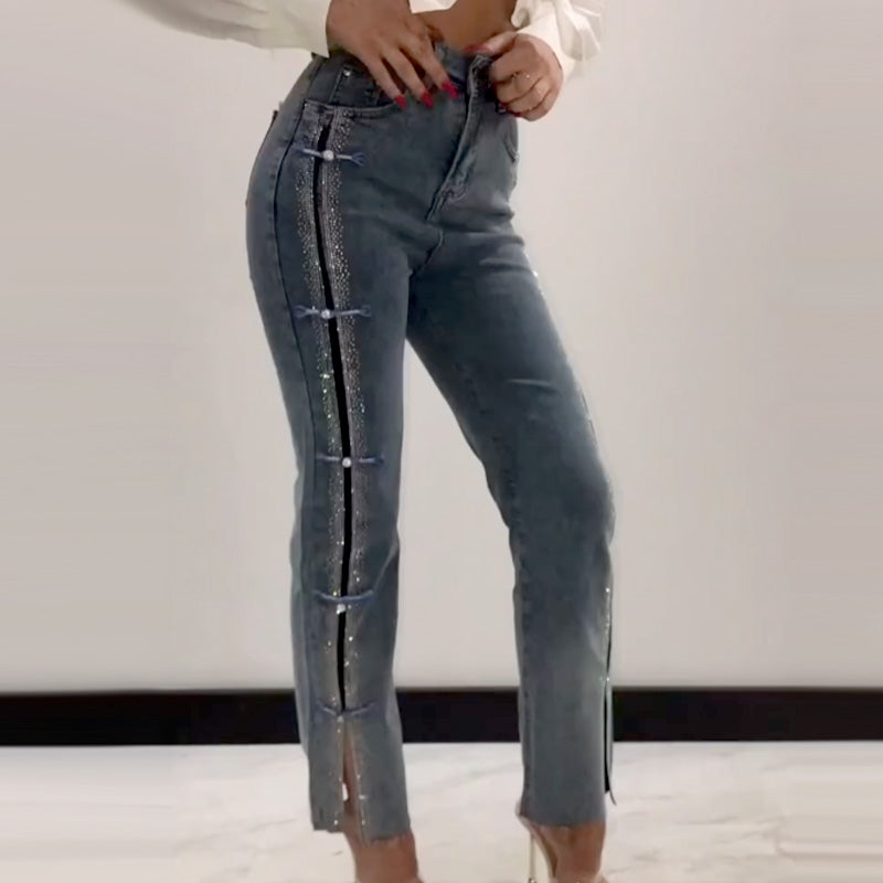 Women's Rhinestone Jeans With Stylish Slit Detail