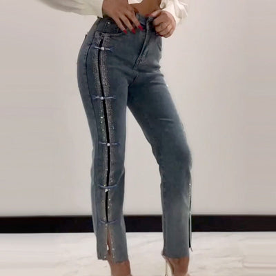 Women's Rhinestone Jeans With Stylish Slit Detail