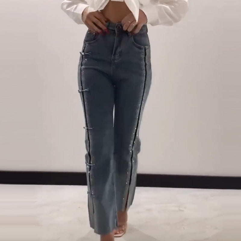 Women's Rhinestone Jeans With Stylish Slit Detail