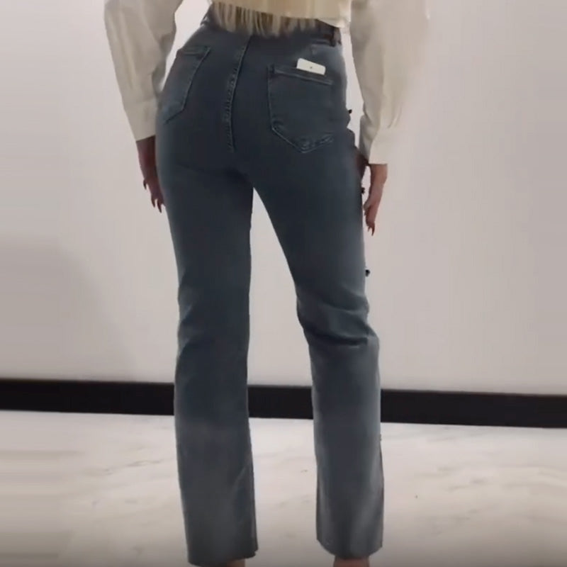 Women's Rhinestone Jeans With Stylish Side Slit Detail