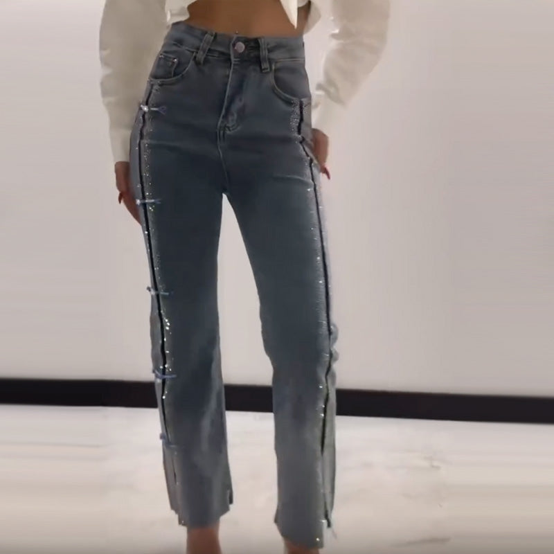Women's Rhinestone Jeans With Stylish Slit Detail