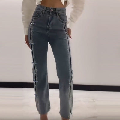 Women's Rhinestone Jeans With Stylish Slit Detail