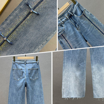 Women's Rhinestone Jeans With Stylish Slit Detail