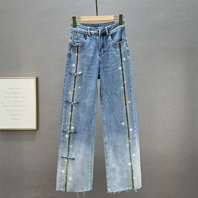 Women's Rhinestone Jeans With Stylish Slit Detail