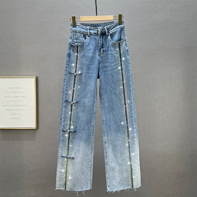Women's Rhinestone Jeans With Stylish Slit Detail
