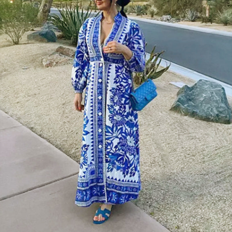 Printed Long Skirt Dress Lace V Neck Lantern Sleeve Casual Beachwear