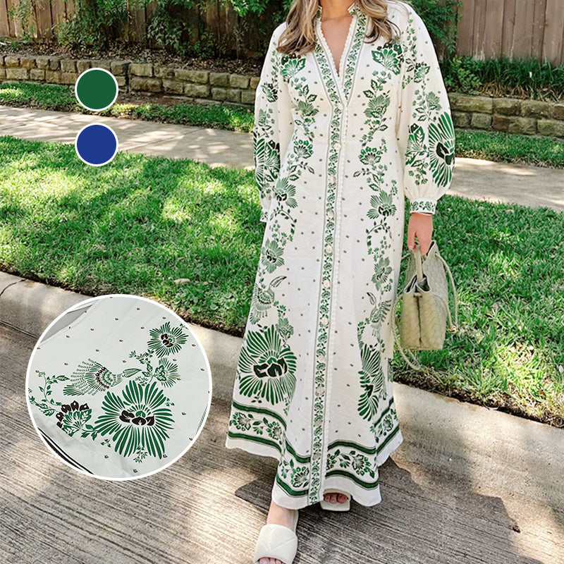 Printed Long Skirt Dress Lace V Neck Lantern Sleeve Casual Beachwear