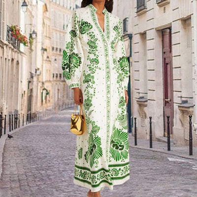 Printed Long Skirt Dress Lace V Neck Lantern Sleeve Casual Beachwear