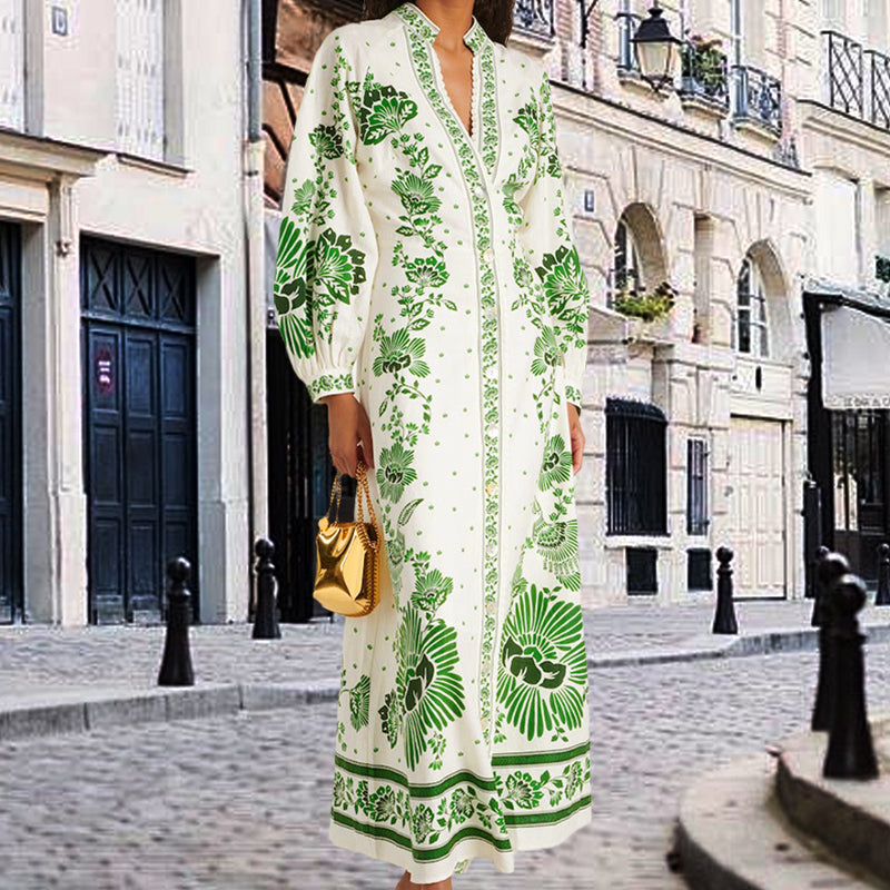 Printed Long Skirt Dress Lace V Neck Lantern Sleeve Casual Beachwear