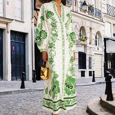 Printed Long Skirt Dress Lace V Neck Lantern Sleeve Casual Beachwear