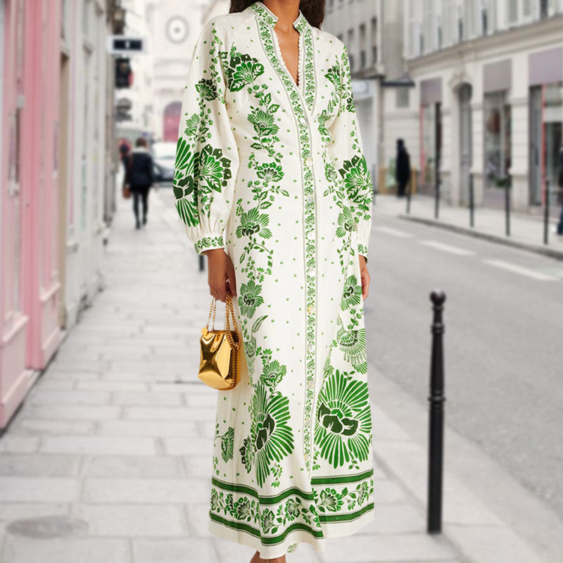 Printed Long Skirt Dress Lace V Neck Lantern Sleeve Casual Beachwear