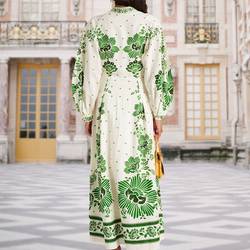 Printed Long Skirt Dress Lace V Neck Lantern Sleeve Casual Beachwear