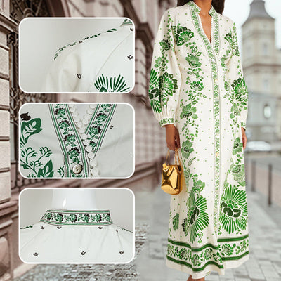 Printed Long Skirt Dress Lace V Neck Lantern Sleeve Casual Beachwear
