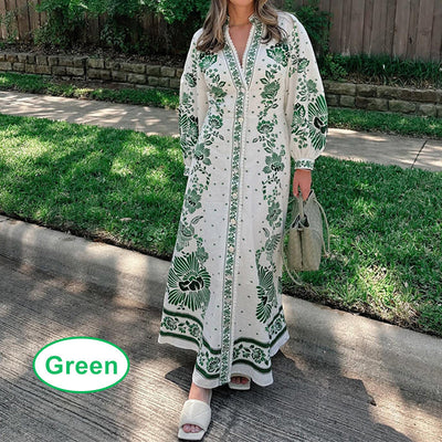Printed Long Skirt Dress Lace V Neck Lantern Sleeve Casual Beachwear