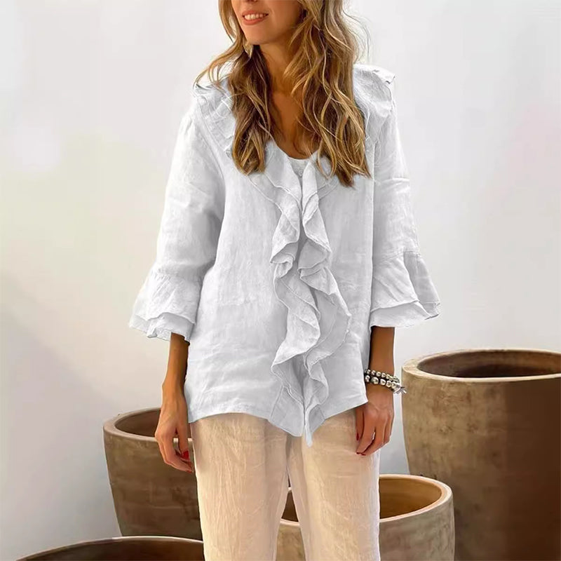 Women's Ruffle Collar Blouse With Stylish Bell Sleeves