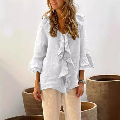 Women's Ruffle Collar Blouse With Stylish Bell Sleeves