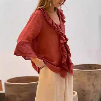 Women's Ruffle Collar Blouse With Stylish Bell Sleeves