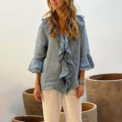 Women's Ruffle Collar Blouse With Stylish Bell Sleeves