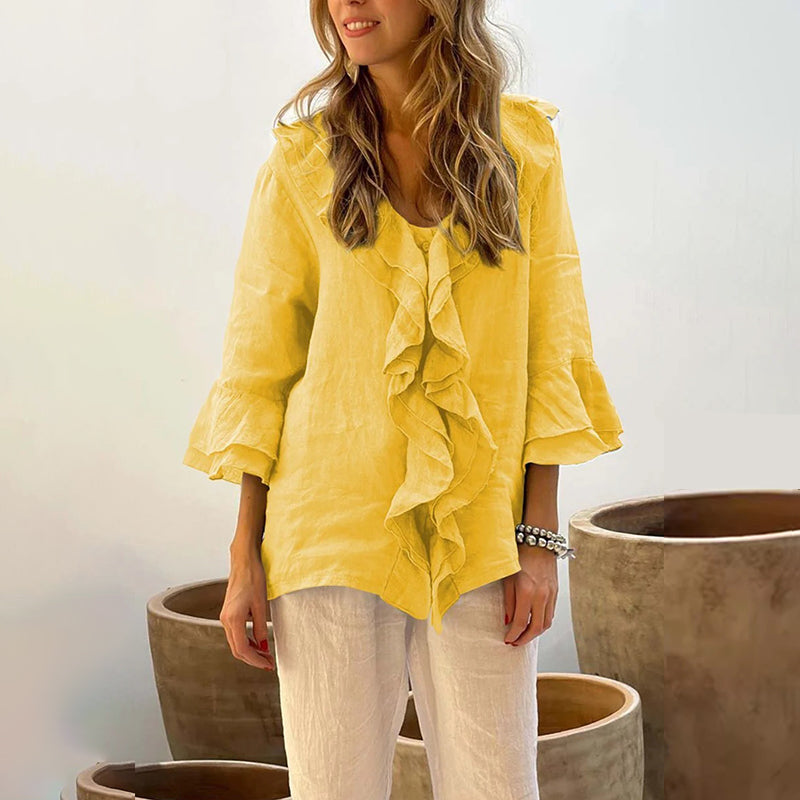Women's Ruffle Collar Blouse With Stylish Bell Sleeves