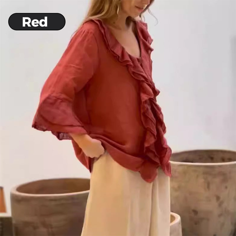 Women's Ruffle Collar Blouse With Stylish Bell Sleeves