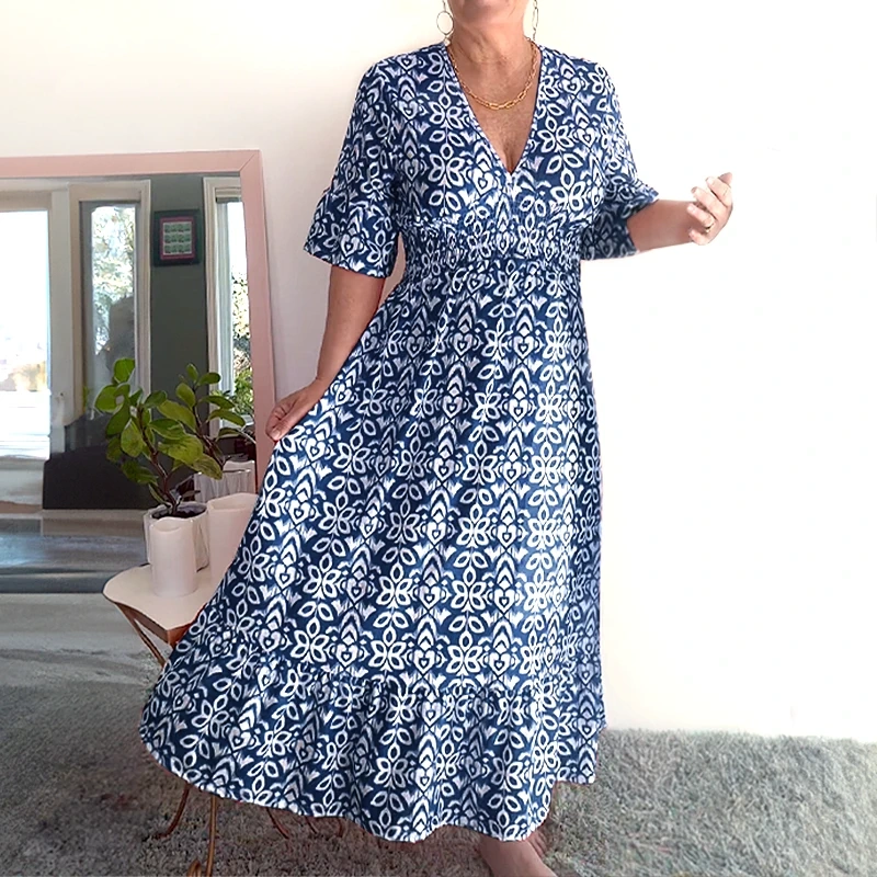 Bohemian Casual Dress V-neck Waist Wrap Long Print Dress