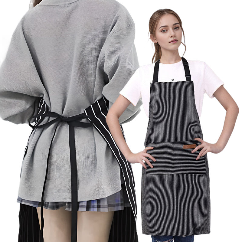Adjustable Kitchen Apron With Striped Design And Convenient Pockets