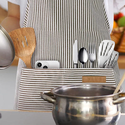 Adjustable Kitchen Apron With Striped Design And Convenient Pockets