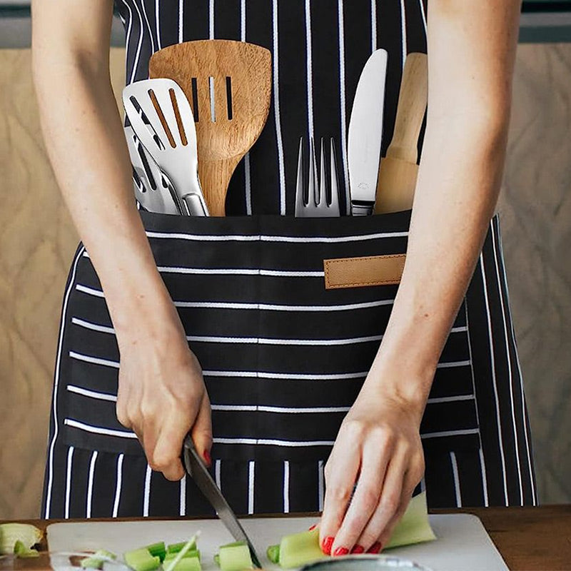 Adjustable Kitchen Apron With Striped Design And Convenient Pockets