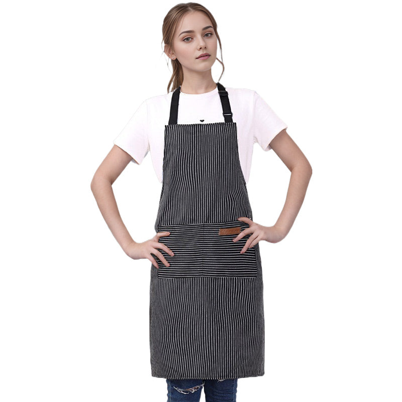 Adjustable Kitchen Apron With Striped Design And Convenient Pockets