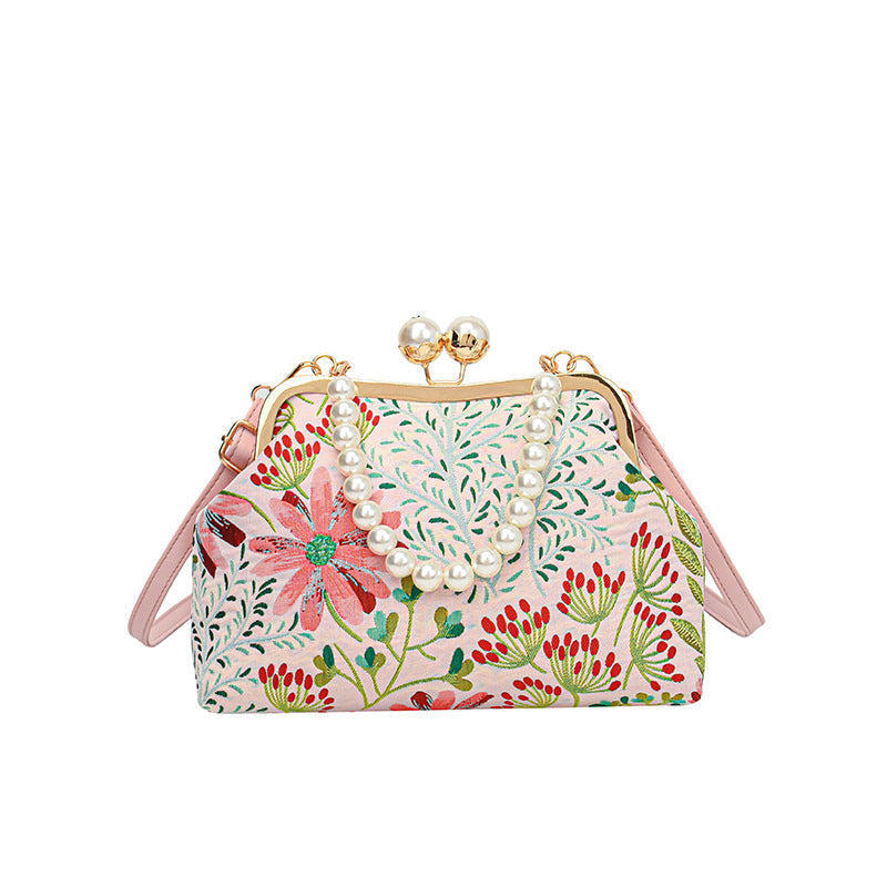 Flower Embroidery Shoulder Bag Rustic Boho Style Tote Bag