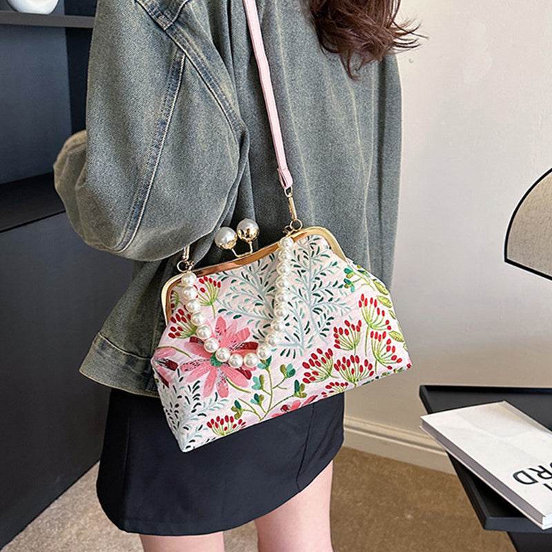 Flower Embroidery Shoulder Bag Rustic Boho Style Tote Bag