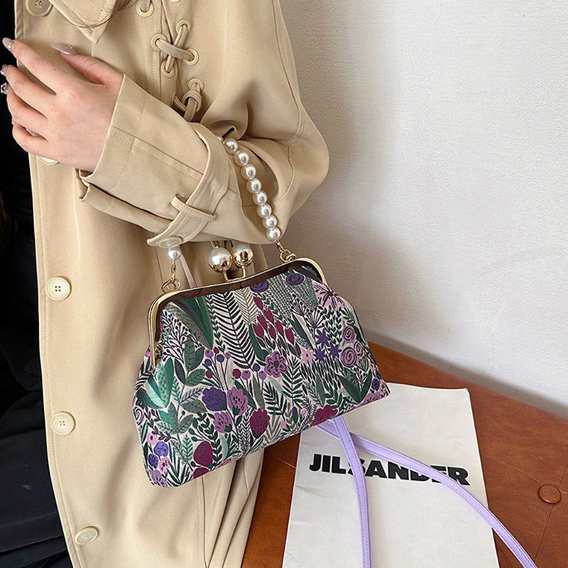 Flower Embroidery Shoulder Bag Rustic Boho Style Tote Bag
