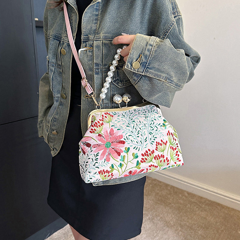 Flower Embroidery Shoulder Bag Rustic Boho Style Tote Bag