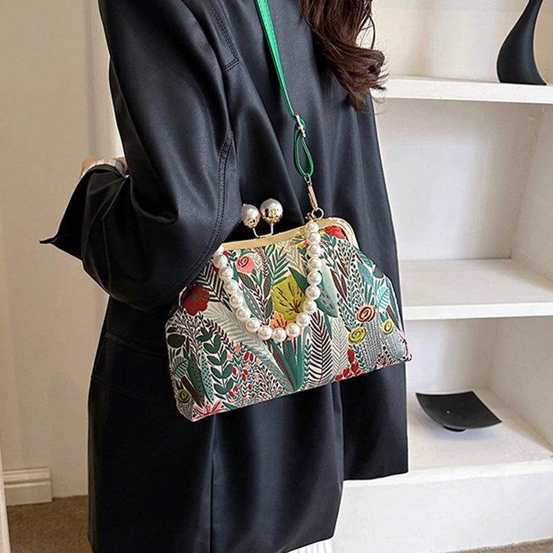 Flower Embroidery Shoulder Bag Rustic Boho Style Tote Bag