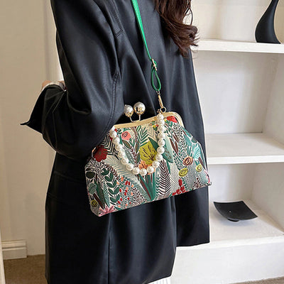 Flower Embroidery Shoulder Bag Rustic Boho Style Tote Bag