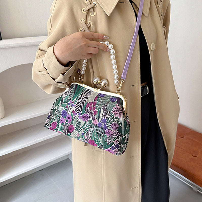 Flower Embroidery Shoulder Bag Rustic Boho Style Tote Bag