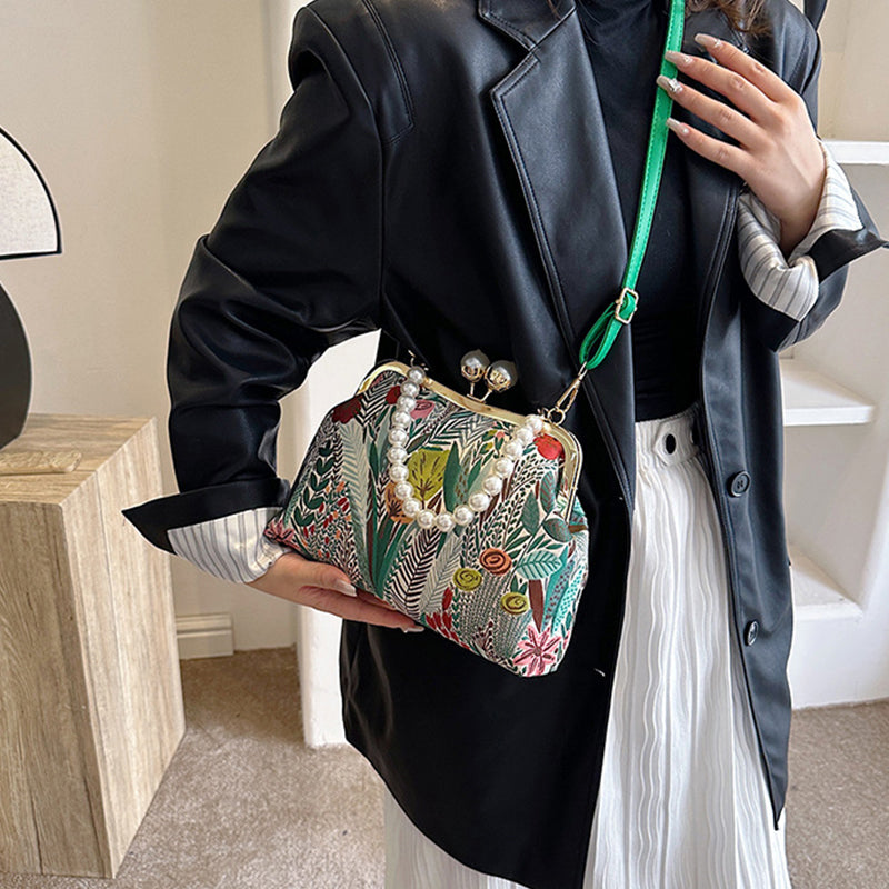 Flower Embroidery Shoulder Bag Rustic Boho Style Tote Bag