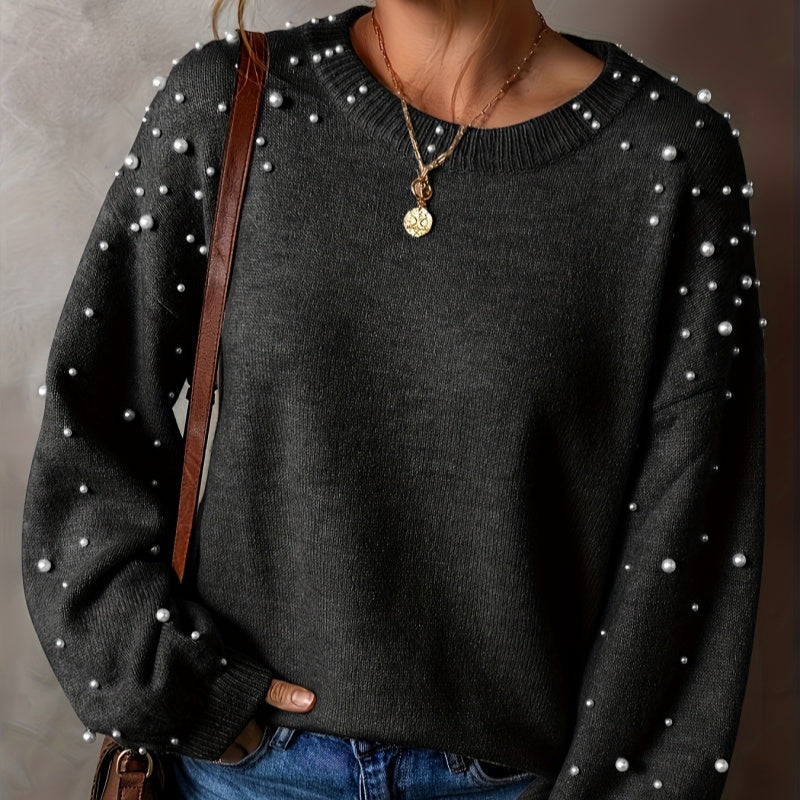 Women's Faux Pearls Sweater Round Neck Stylish Pullover Top