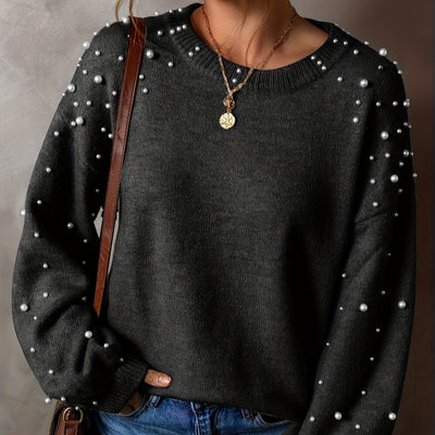 Women's Faux Pearls Sweater Round Neck Stylish Pullover Top