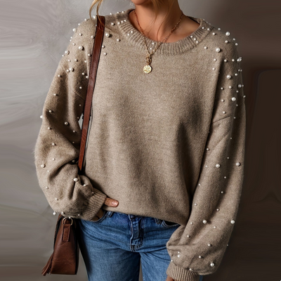 Women's Faux Pearls Sweater Round Neck Stylish Pullover Top