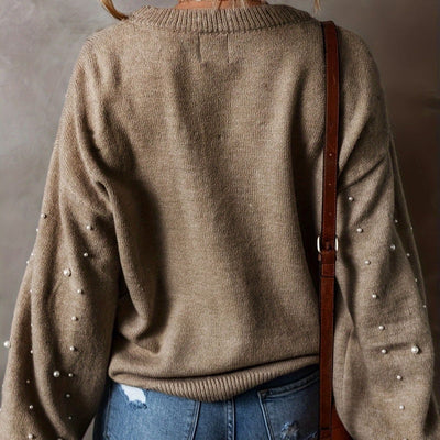 Women's Faux Pearls Sweater Round Neck Stylish Pullover Top