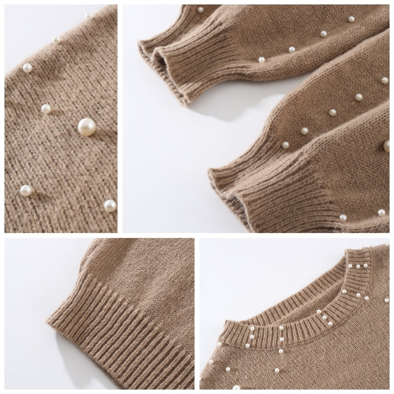 Women's Faux Pearls Sweater Round Neck Stylish Pullover Top