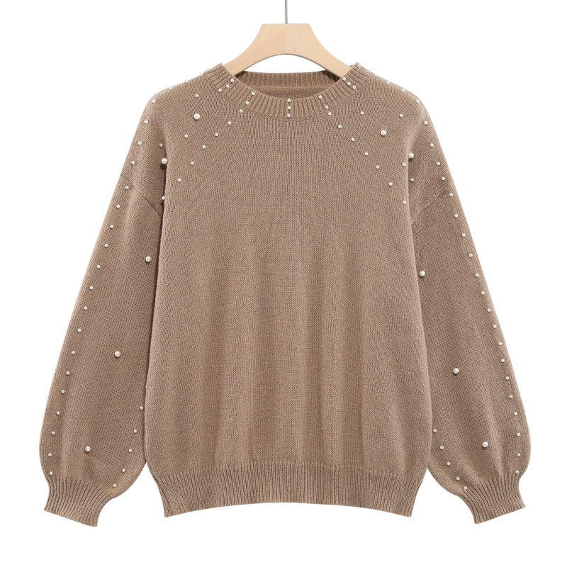 Women's Faux Pearls Sweater Round Neck Stylish Pullover Top