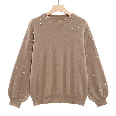 Women's Faux Pearls Sweater Round Neck Stylish Pullover Top